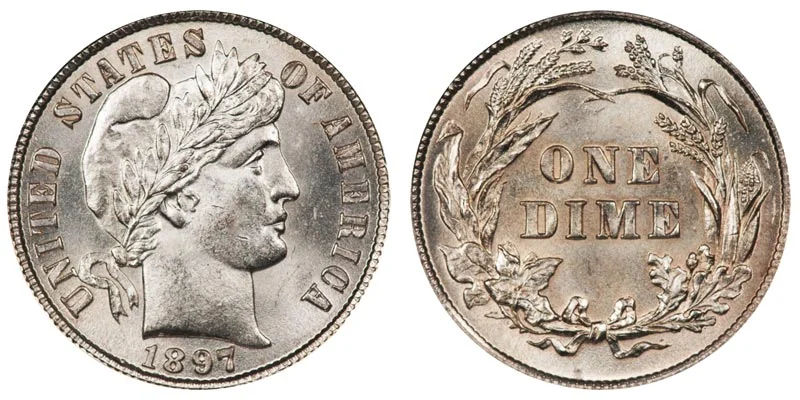 1897 Barber dime obverse and reverse showing Liberty head design and eagle reverse