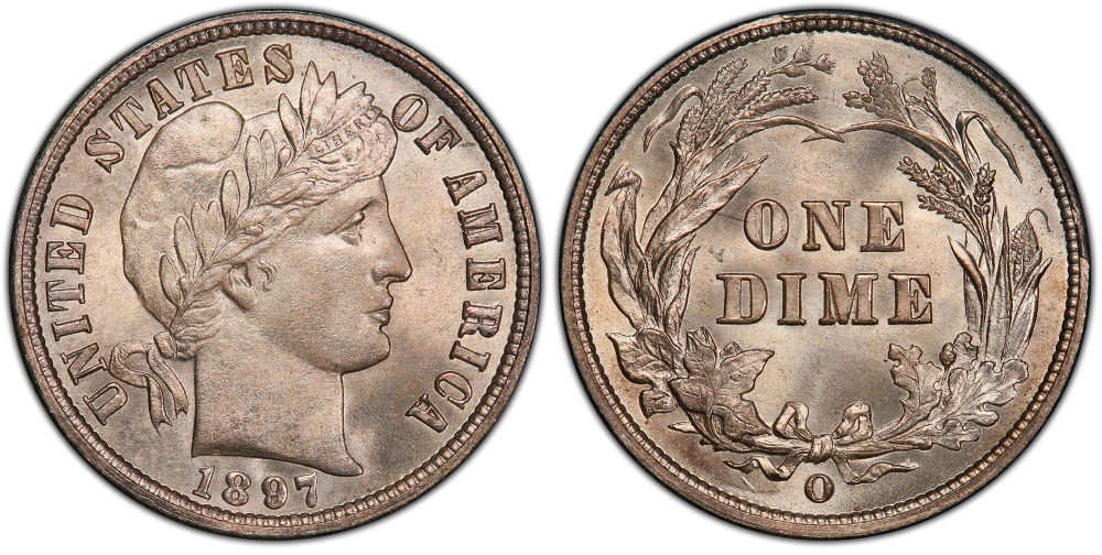Comparison of 1897 Philadelphia dime reverse (no mint mark) versus 1897-O New Orleans dime reverse showing O mint mark below ribbon bow