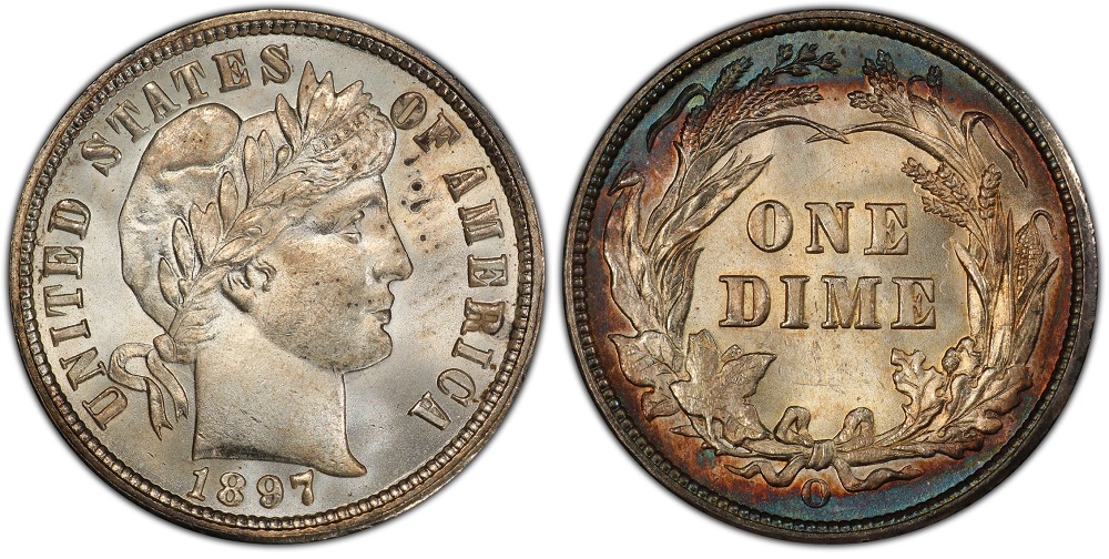 1897-O Barber dime reverse close-up showing O mint mark below ribbon bow