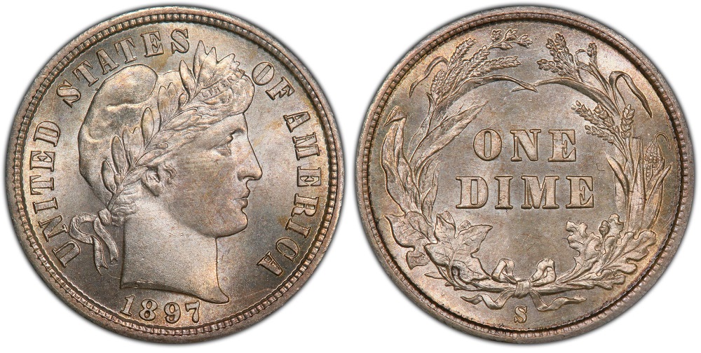 1897-S Barber dime reverse showing S mint mark below ribbon bow with semi-prooflike field surfaces