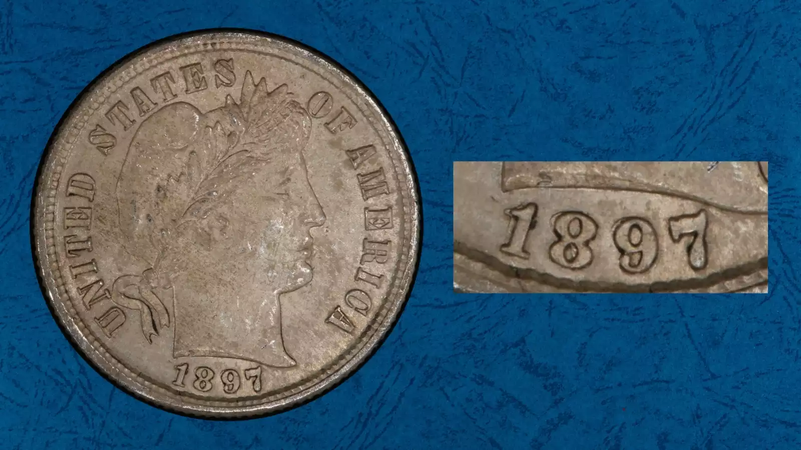Extreme macro close-up of 1897 Barber dime date showing repunched digit impressions of FS-301 variety