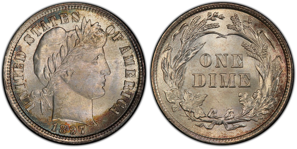 Macro close-up of 1897 Barber dime date showing FS-302 repunched date variety doubling on specific digits
