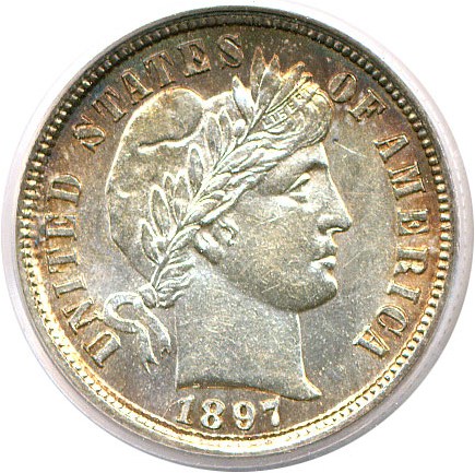 Macro close-up of 1897 Barber dime date showing the third repunched date variety FS-303 with distinct doubling pattern