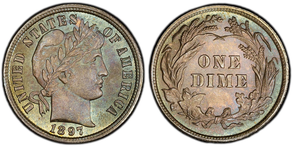 Grading strip showing four 1897 Barber dimes from worn Good condition to gem Mint State, illustrating key surface differences